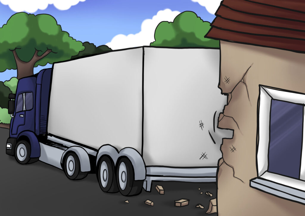 LKW schrubbert gegen Haus